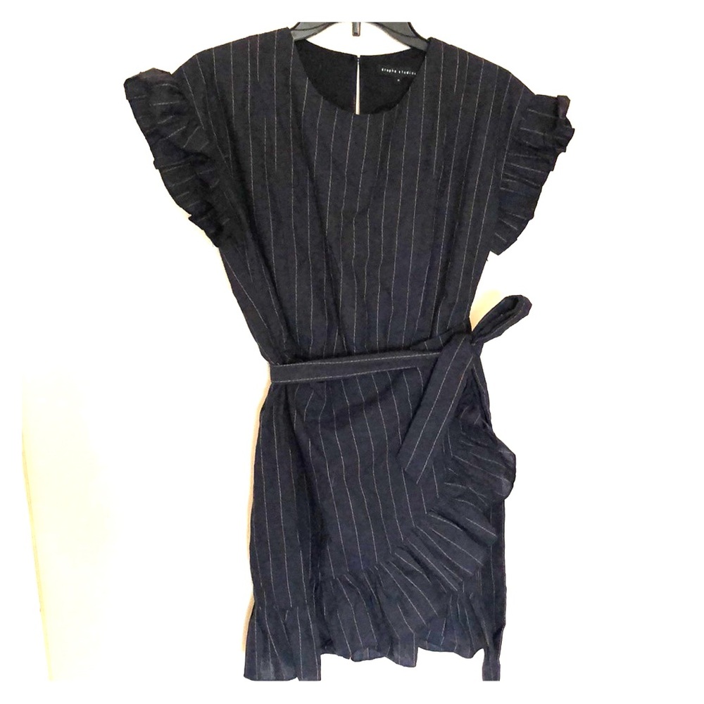 Navy Striped Ruffle Wrap Dress